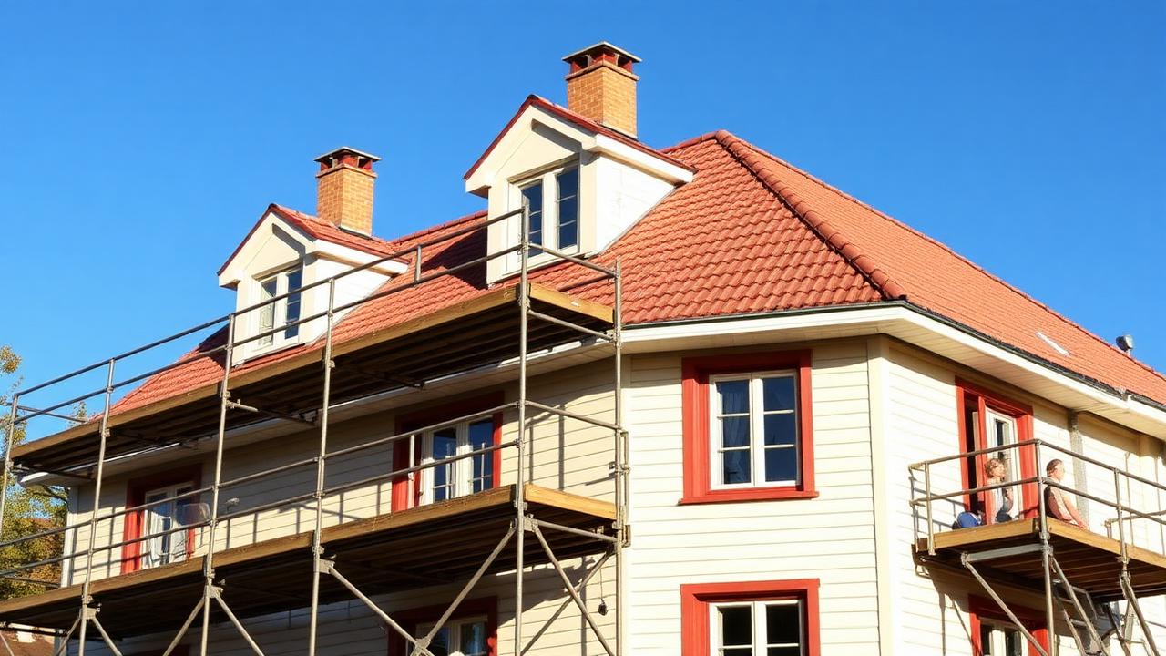 Svenskt hus med byggställning under takbyte
