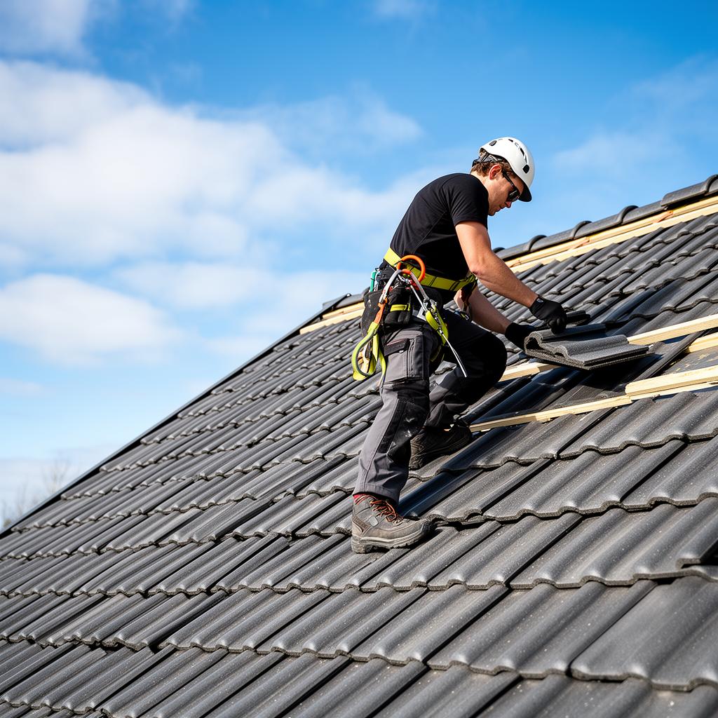 Takläggare arbetar på ett tak