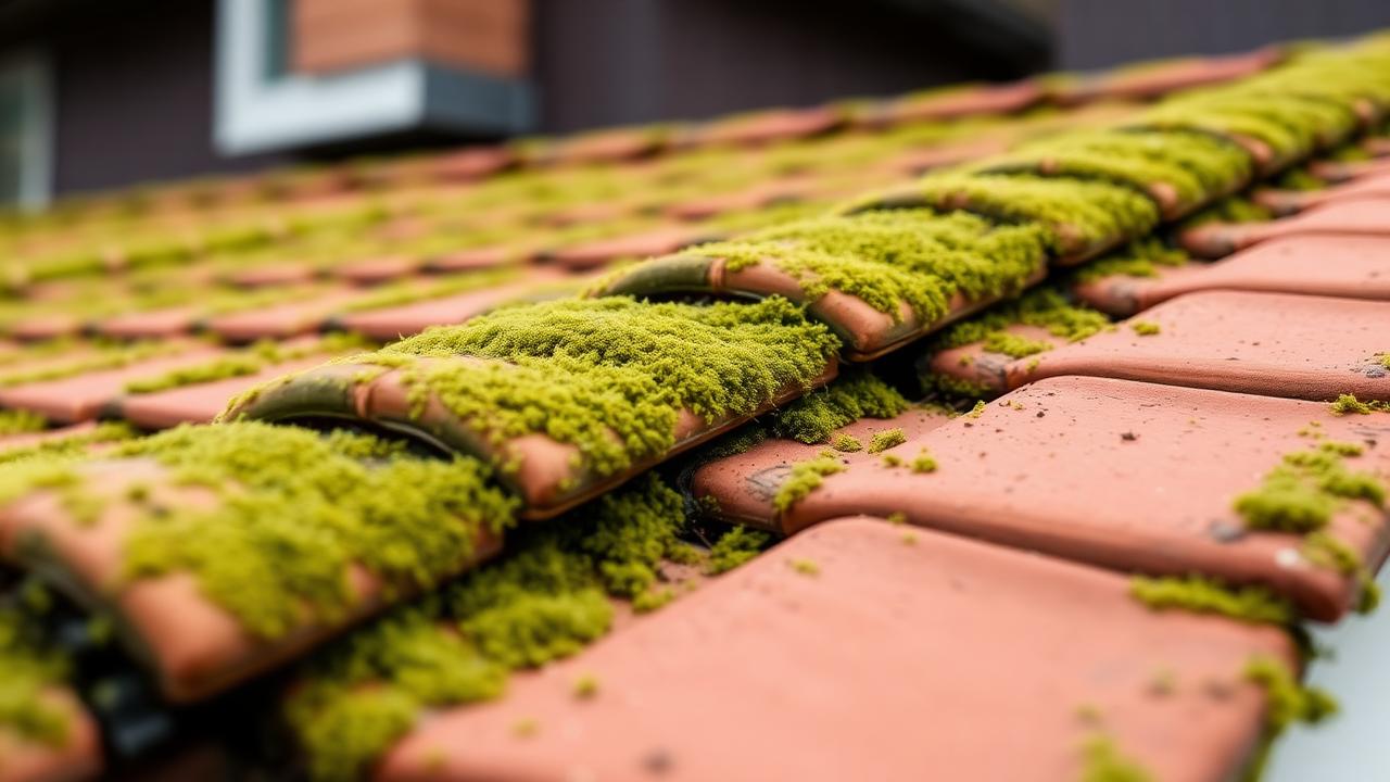 Närbild på mossbevuxet tegeltak på svensk villa